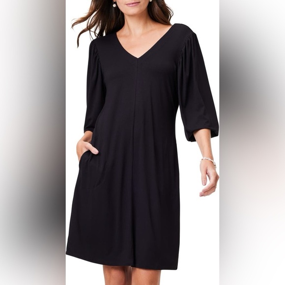 NIC + ZOE Balloon Sleeve Black Onyx Stretch Pockets Shift Dress Size Medium NWT - Picture 1 of 9